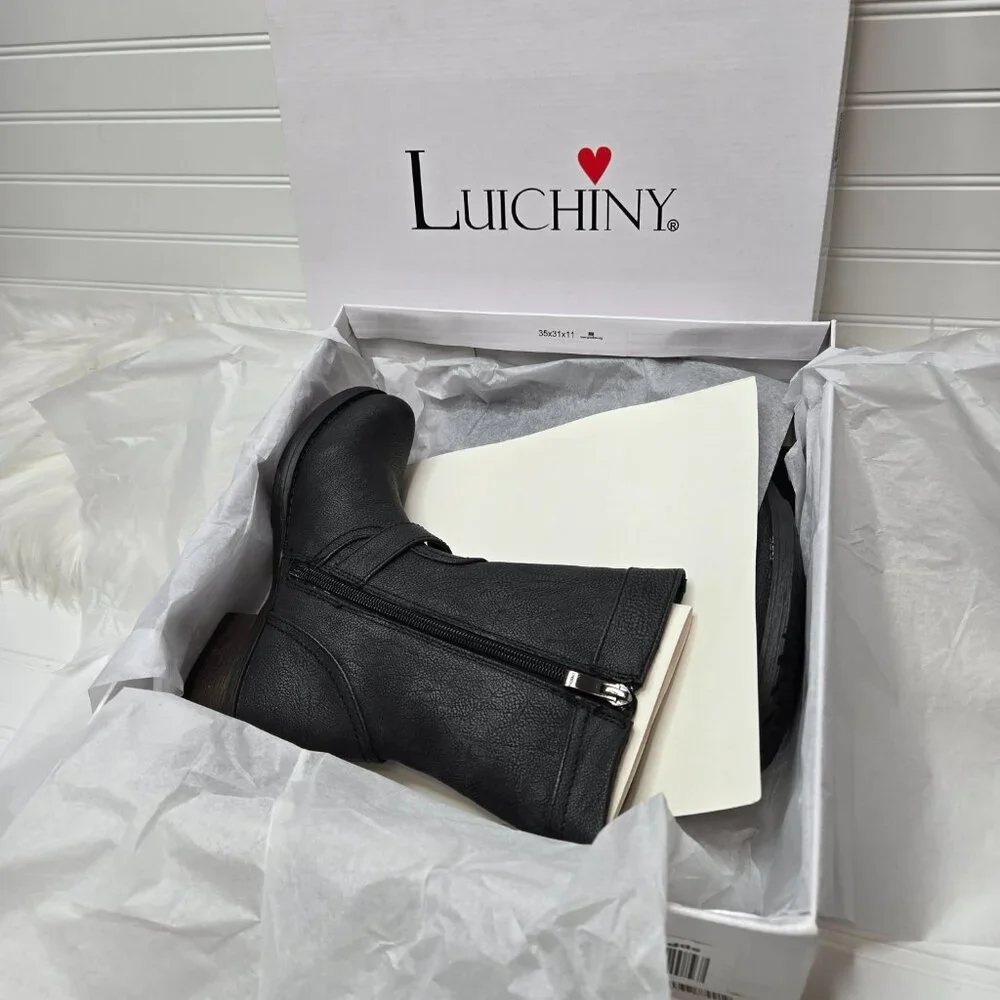 Luichiny Black Vegan Leather Moto Boots Women's "Mara Beth" Size 6 New In Box - Picture 2 of 10